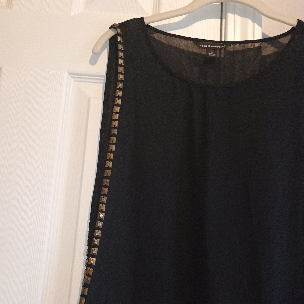 Rock & Republic Black Studded Open Side Sleeveless Top Sz S Gold Square Beads... - Picture 7 of 14